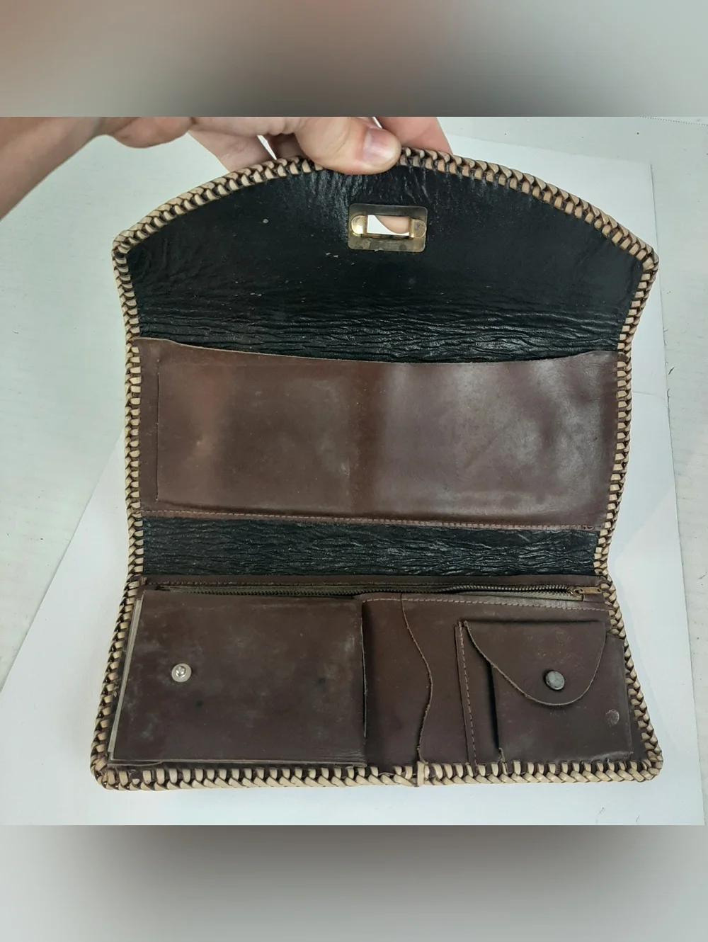 🛍Vintage Hand Tooled Leather Whipstitch Western Tri Fold Floral Wallet TurnLock
